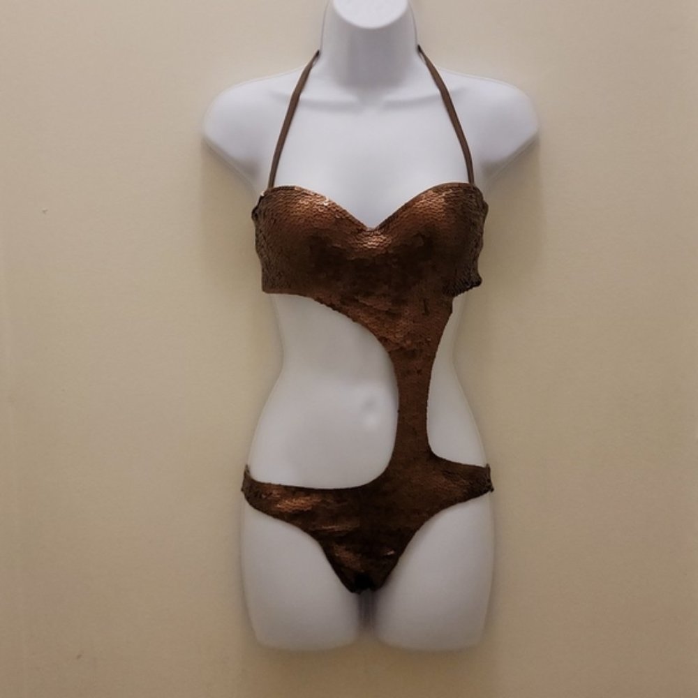 DiNeila Brasil Tropical Sequin Cutout One Piece in Bronze
